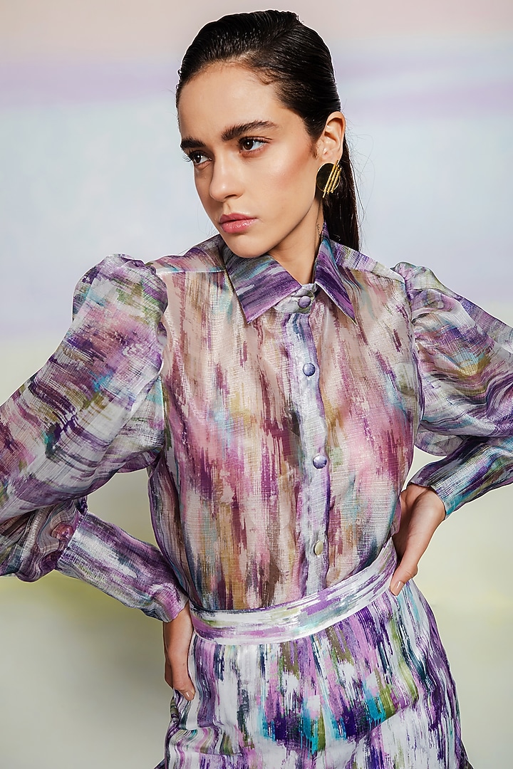 Lavender Organza & Cotton Satin Printed Skirt Set by July Issue at Pernia's Pop Up Shop