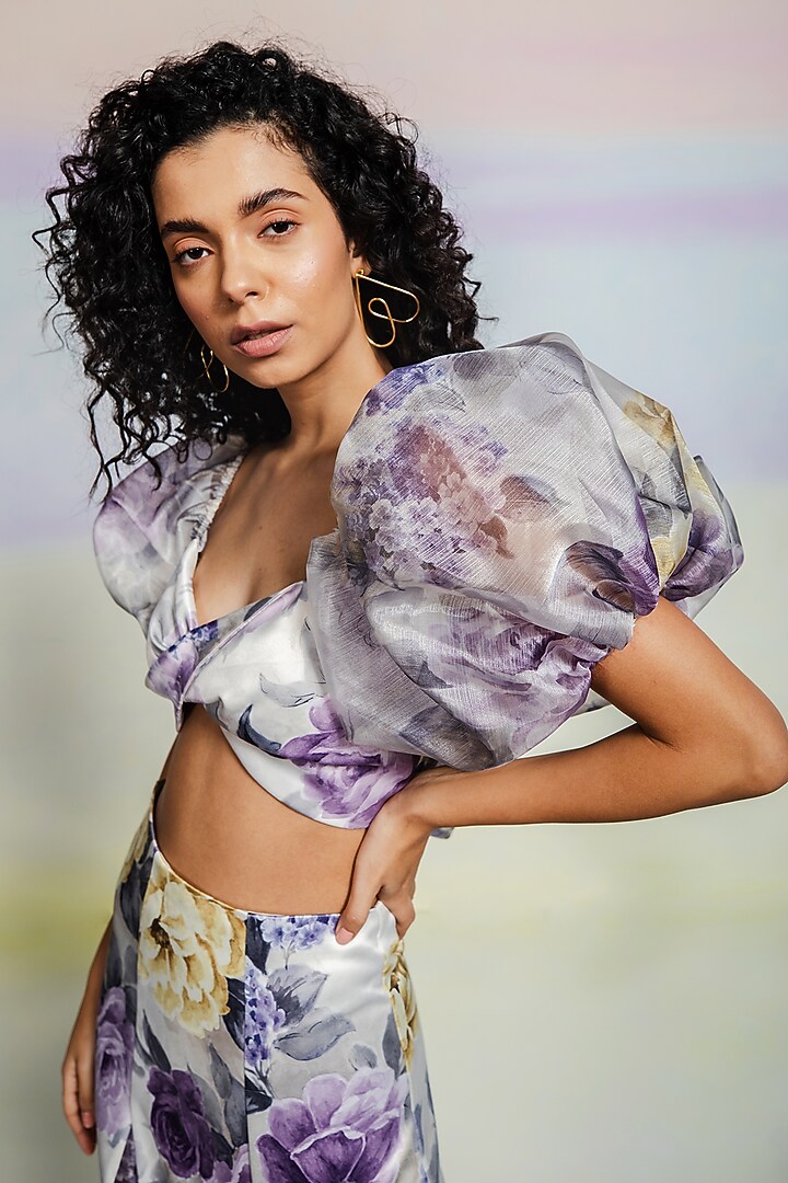 Purple Organza & Cotton Satin Printed Skirt Set by July Issue at Pernia's Pop Up Shop