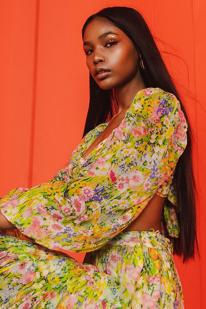Green Viscose Printed Tiered Skirt Set by July Issue at Pernia's Pop Up Shop