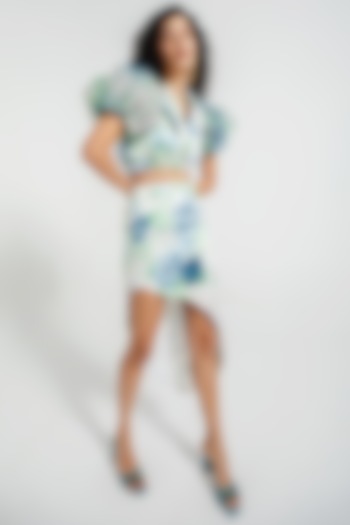 White Organza & Cotton Satin Printed Asymmetrical Skirt Set by July Issue at Pernia's Pop Up Shop