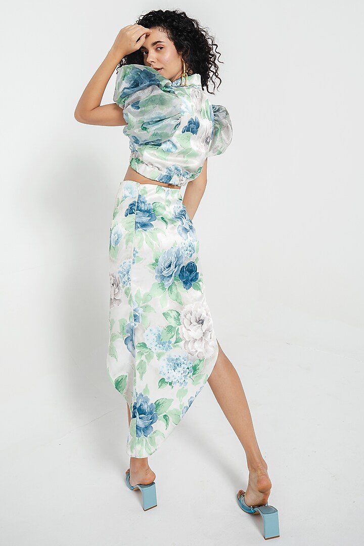 White Organza & Cotton Satin Printed Asymmetrical Skirt Set by July Issue at Pernia's Pop Up Shop