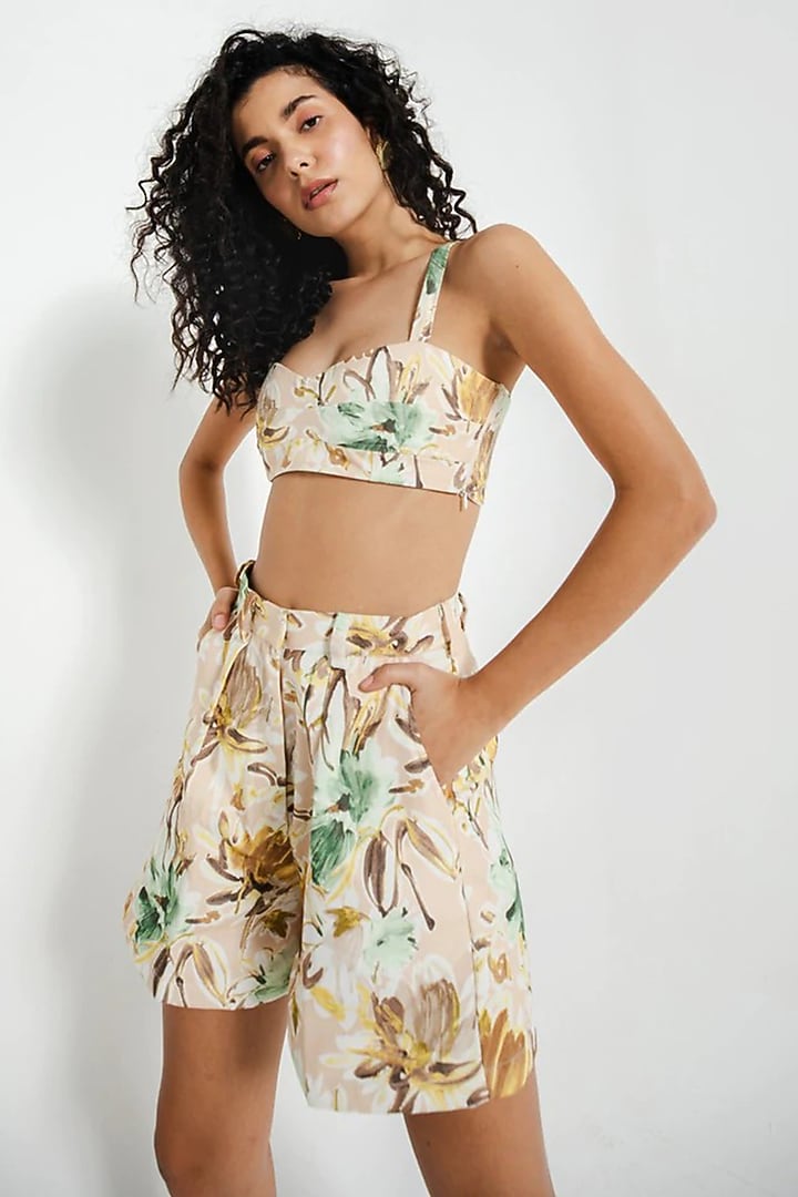 Beige Cotton Jacquard Printed Co-Ord Set by July Issue at Pernia's Pop Up Shop