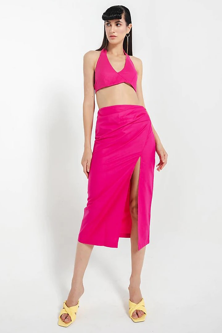 Pink Cotton Asymmetrical Skirt Set by July Issue