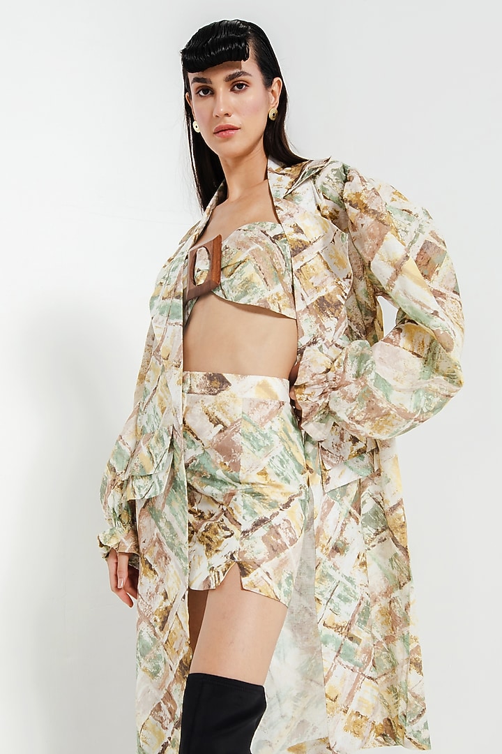 Beige Linen Printed Jacket Set by July Issue at Pernia's Pop Up Shop