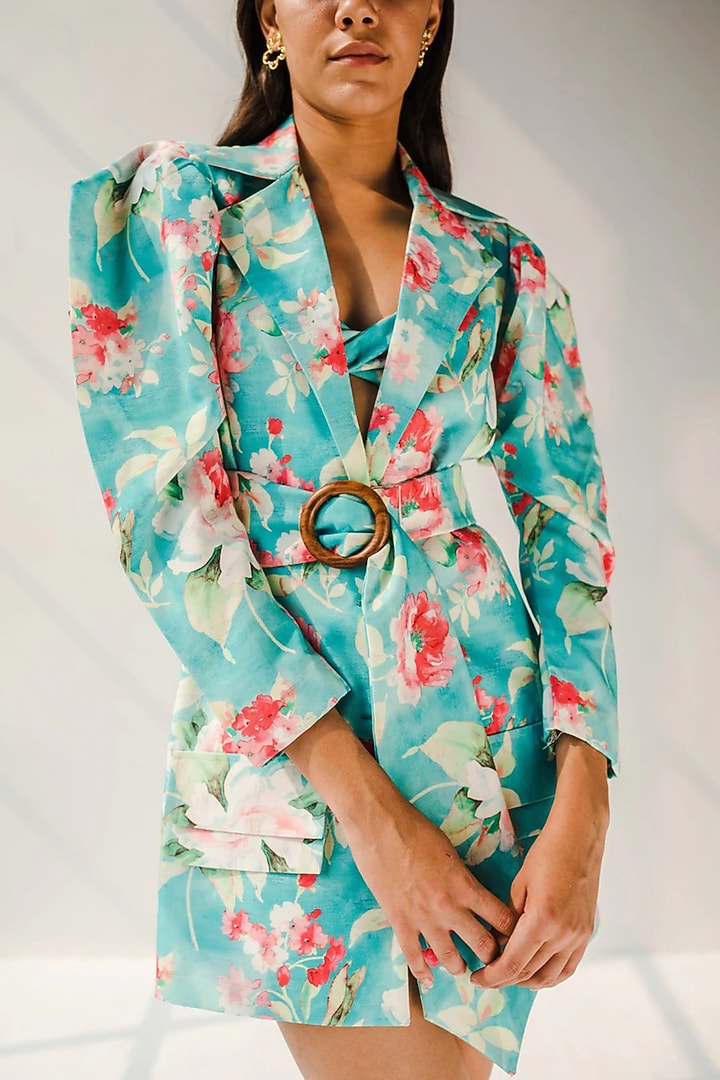 Blue Cotton Jacquard Printed Jacket Set by July Issue at Pernia's Pop Up Shop