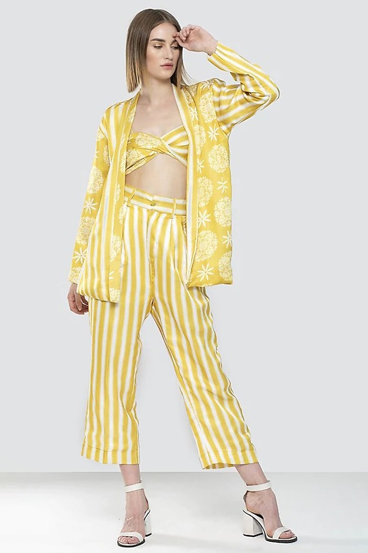 Yellow Satin Printed Jacket Set by July Issue