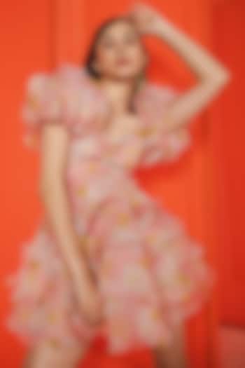 Peach Organza Layered Frill Mini Dress by July Issue