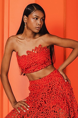 Red Schiffli Lace Skirt Set by July Issue