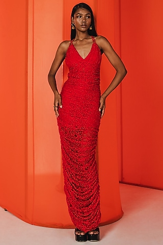 Red Lace Strappy Ruched Dress by July Issue