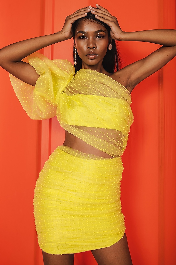 Yellow Organza One Shoulder Mini Dress by July Issue