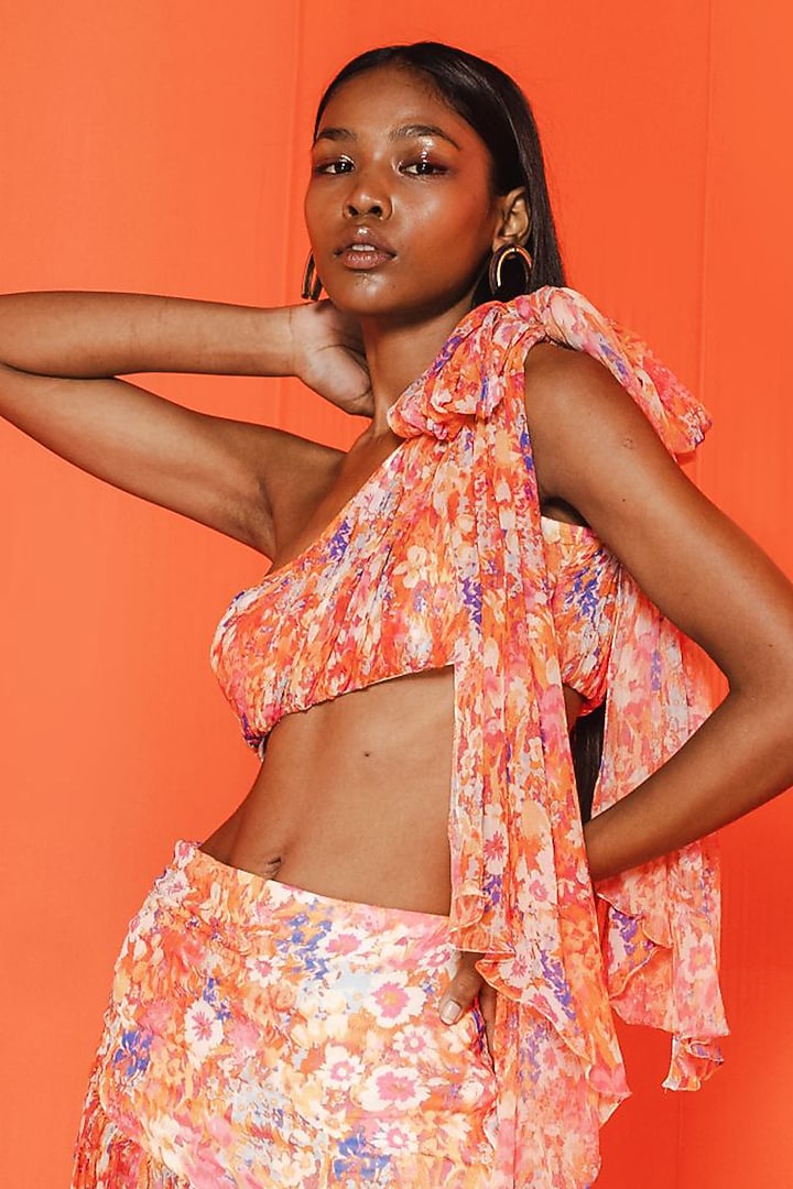 Orange Crinkle Chiffon High-Low Skirt Set by July Issue at Pernia's Pop Up Shop