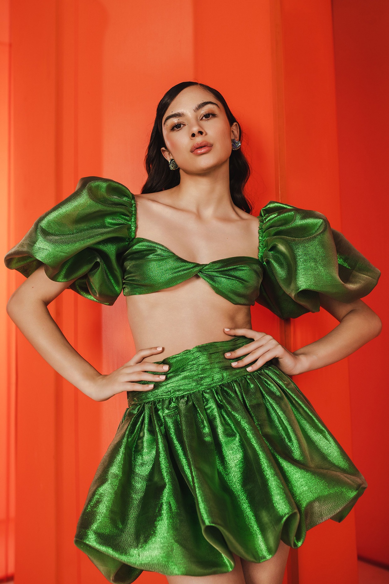 Green Polyester Balloon Skirt Set Design by July Issue at Pernia's