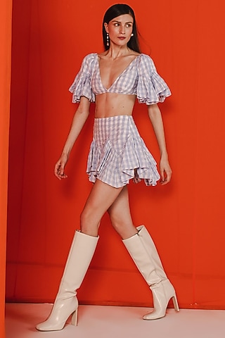 Powder Blue Cotton Printed Skirt Set by July Issue