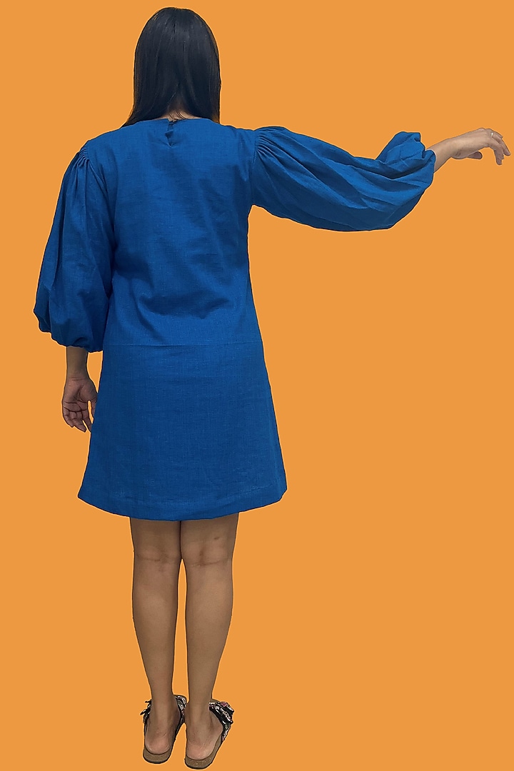 Blue Handwoven Cotton Patchwork Hand Embroidered Mini Summer Dress by Jilmil at Pernia's Pop Up Shop