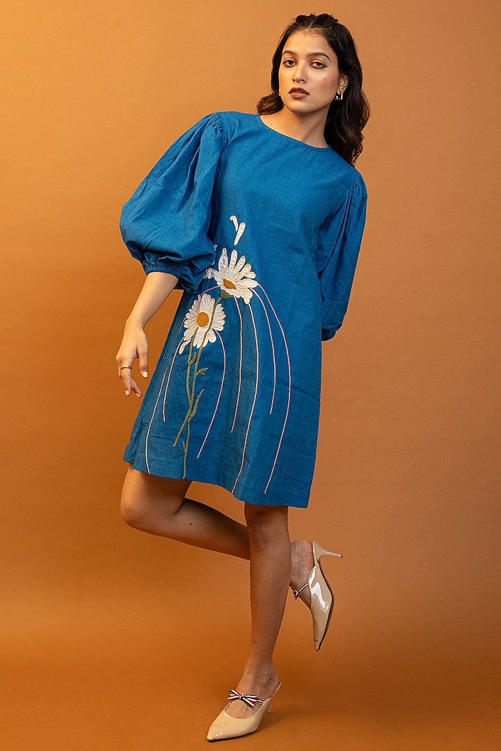 Blue Handwoven Cotton Patchwork Hand Embroidered Mini Summer Dress by Jilmil at Pernia's Pop Up Shop