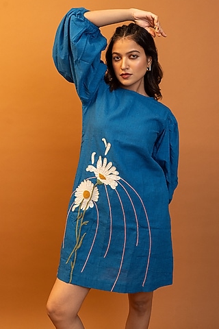 Blue Handwoven Cotton Patchwork Hand Embroidered Mini Dress by Jilmil