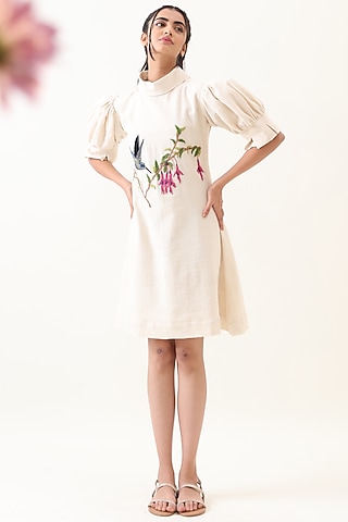 Off-White Khadi Embroidered Mini Dress by Jilmil