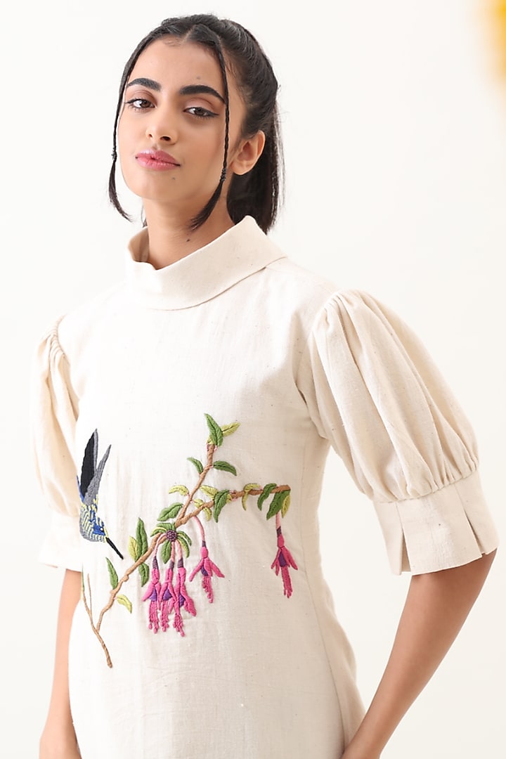 Off-White Khadi Embroidered Mini Summer Dress by Jilmil at Pernia's Pop Up Shop