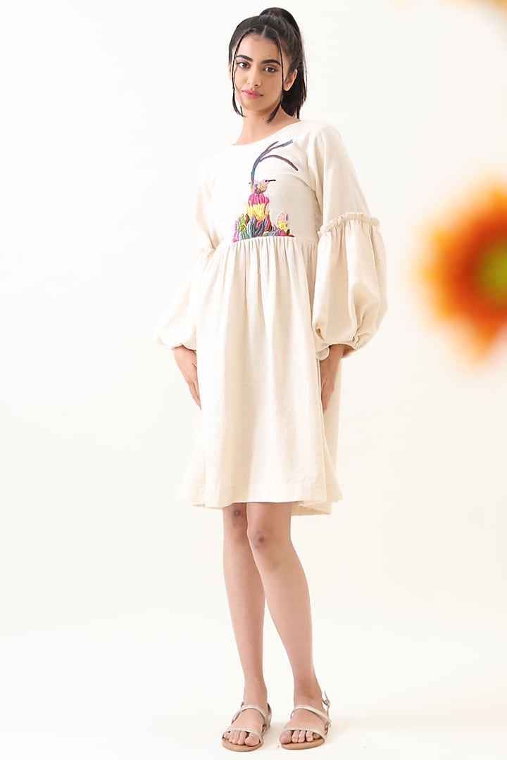 Off-White Khadi Embroidered Dress by Jilmil