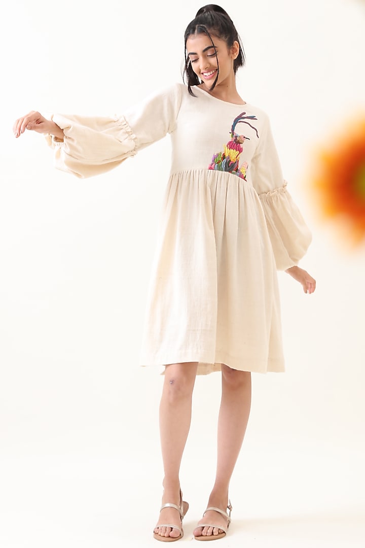 Off-White Khadi Embroidered Summer Dress by Jilmil at Pernia's Pop Up Shop