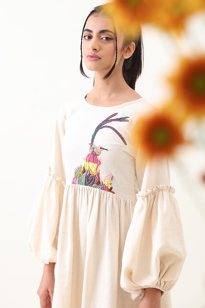 Off-White Khadi Embroidered Summer Dress by Jilmil at Pernia's Pop Up Shop
