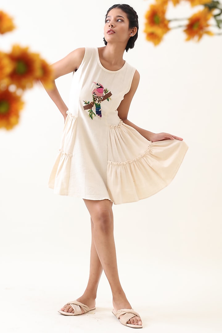 Off-White Khadi Embroidered Mini Dress by Jilmil