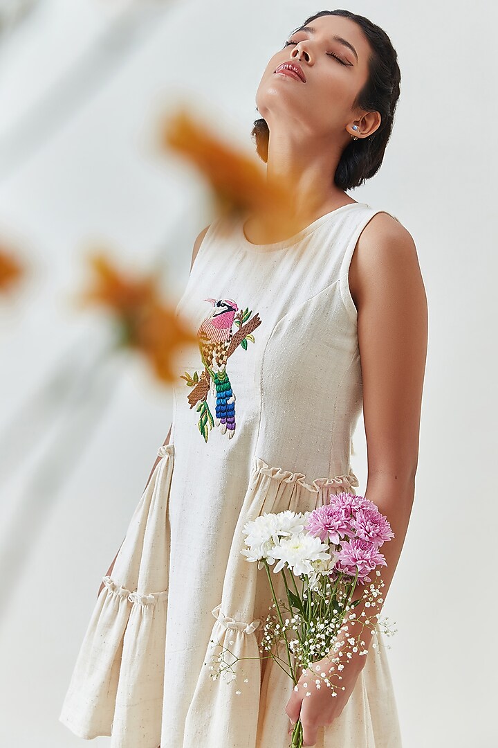 Off-White Khadi Embroidered Mini Summer Dress by Jilmil at Pernia's Pop Up Shop