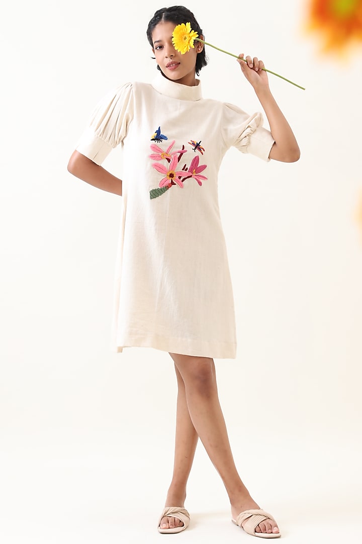 Off-White Khadi Embroidered Mini Dress by Jilmil