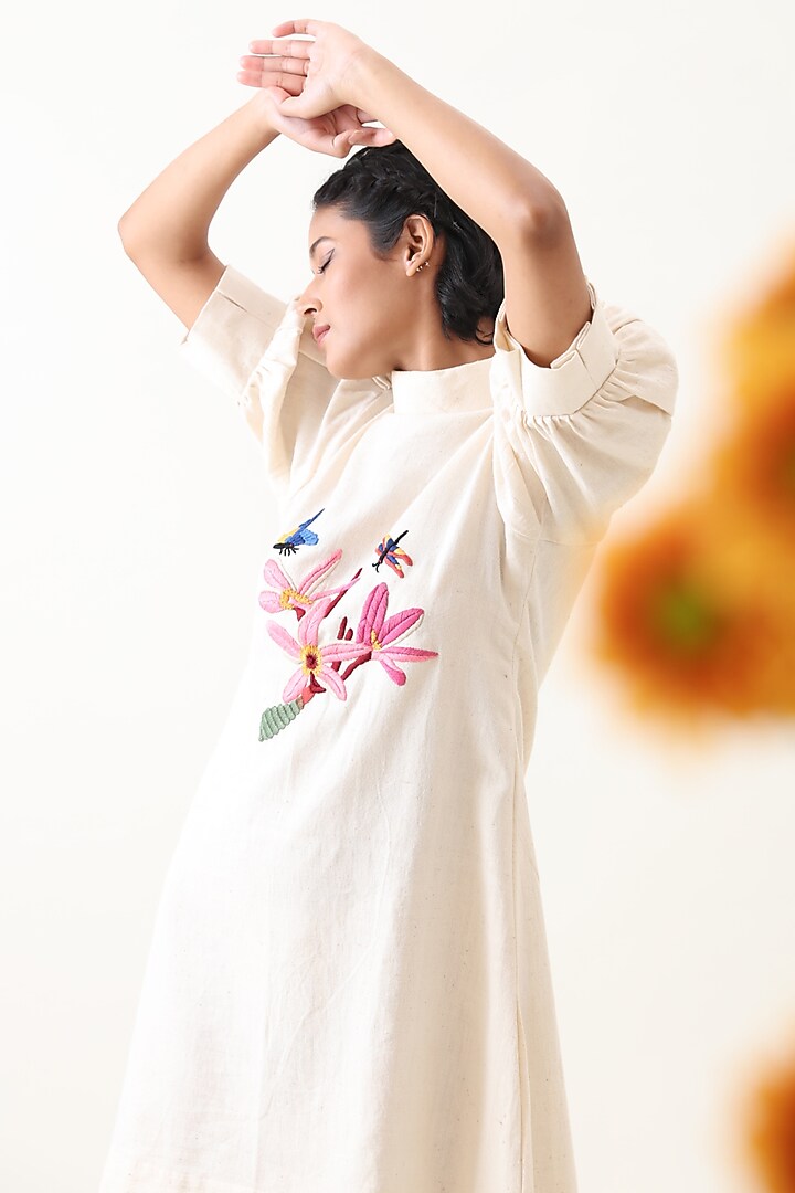 Off-White Khadi Embroidered Mini Summer Dress by Jilmil at Pernia's Pop Up Shop