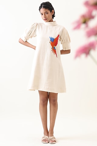 Off-White Khadi Embroidered Mini Dress by Jilmil