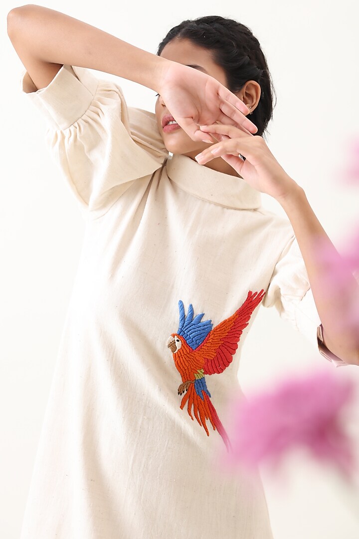 Off-White Khadi Embroidered Mini Summer Dress by Jilmil at Pernia's Pop Up Shop