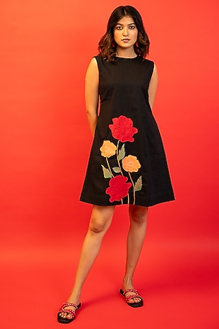 Black Handloom Cotton Hand Embroidered Mini Dress by Jilmil