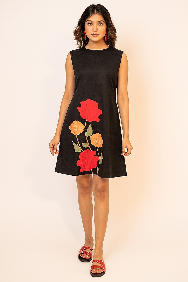 Black Handloom Cotton Hand Embroidered Mini Summer Dress by Jilmil at Pernia's Pop Up Shop