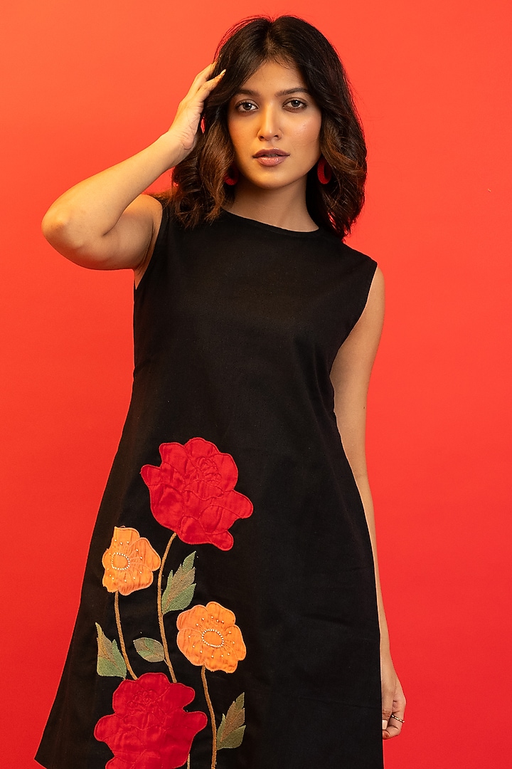 Black Handloom Cotton Hand Embroidered Mini Summer Dress by Jilmil at Pernia's Pop Up Shop