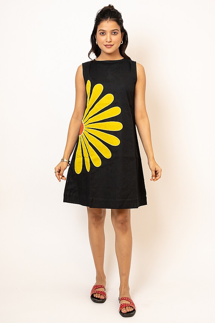Black Handloom Cotton Hand Embroidered Mini Summer Dress by Jilmil at Pernia's Pop Up Shop