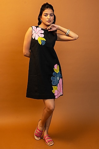 Black Handloom Cotton Hand Embroidered Mini Dress by Jilmil