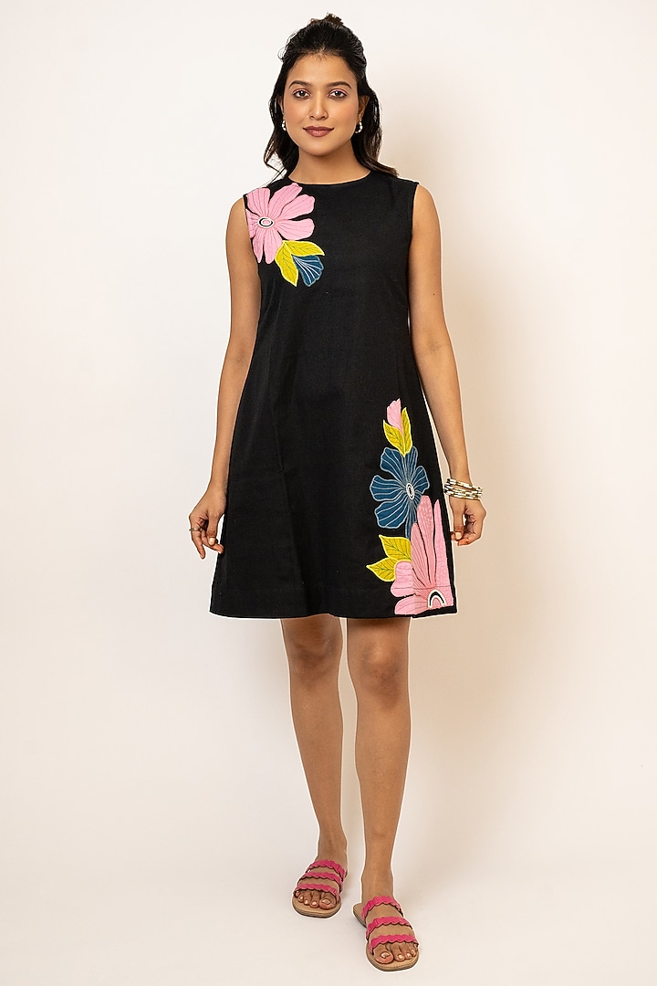 Black Handloom Cotton Hand Embroidered Mini Summer Dress by Jilmil at Pernia's Pop Up Shop