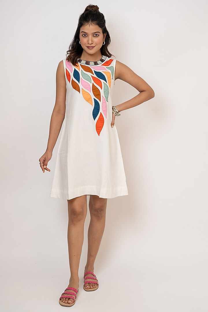 White Handloom Cotton Hand Embroidered Mini Summer Dress by Jilmil at Pernia's Pop Up Shop