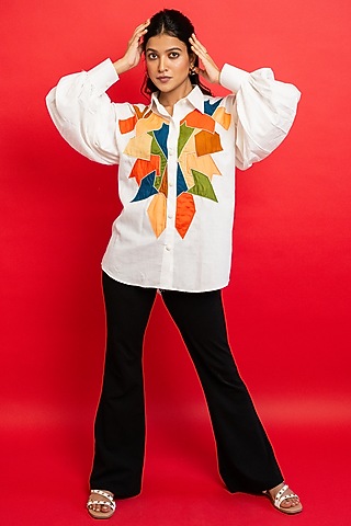 White Handloom Cotton Embroidered Shirt by Jilmil