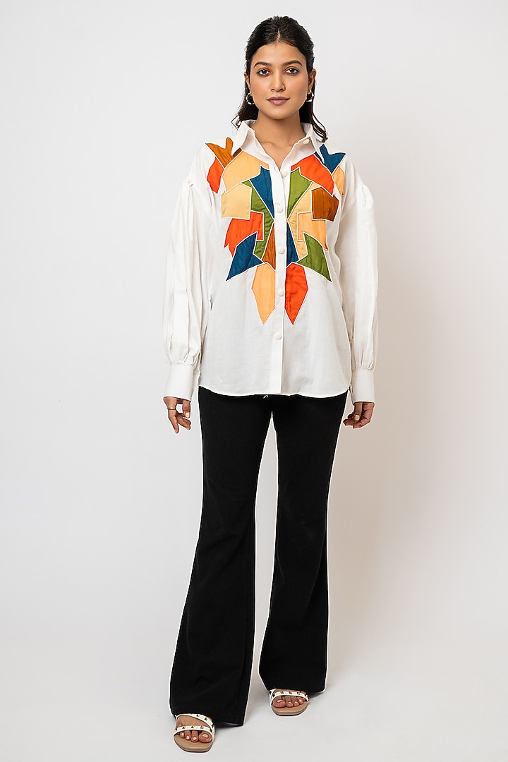 White Handloom Cotton Embroidered Shirt by Jilmil at Pernia's Pop Up Shop