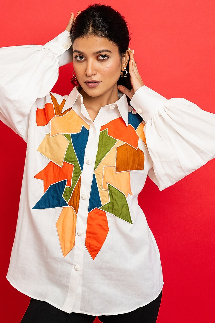 White Handloom Cotton Embroidered Shirt by Jilmil at Pernia's Pop Up Shop