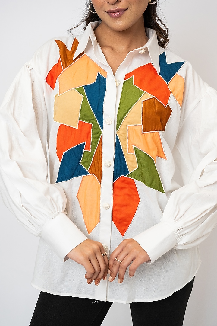 White Handloom Cotton Embroidered Shirt by Jilmil at Pernia's Pop Up Shop
