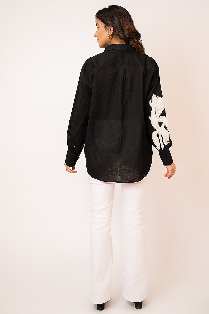 White Handloom Cotton Applique Embroidered Shirt by Jilmil at Pernia's Pop Up Shop