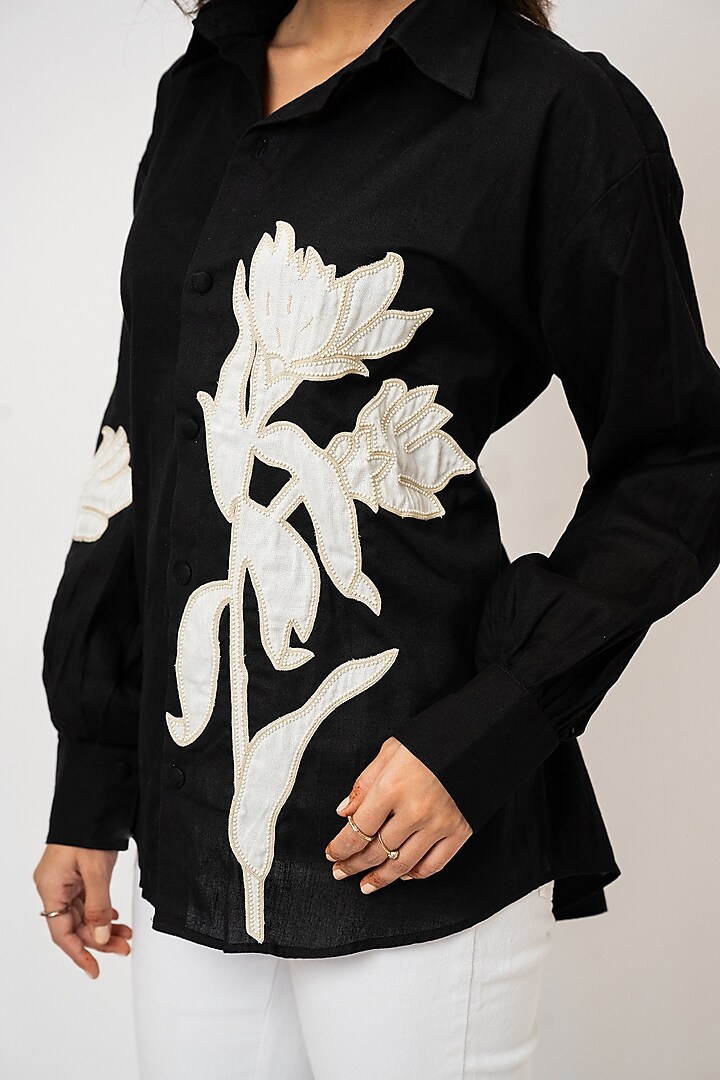 White Handloom Cotton Applique Embroidered Shirt by Jilmil at Pernia's Pop Up Shop