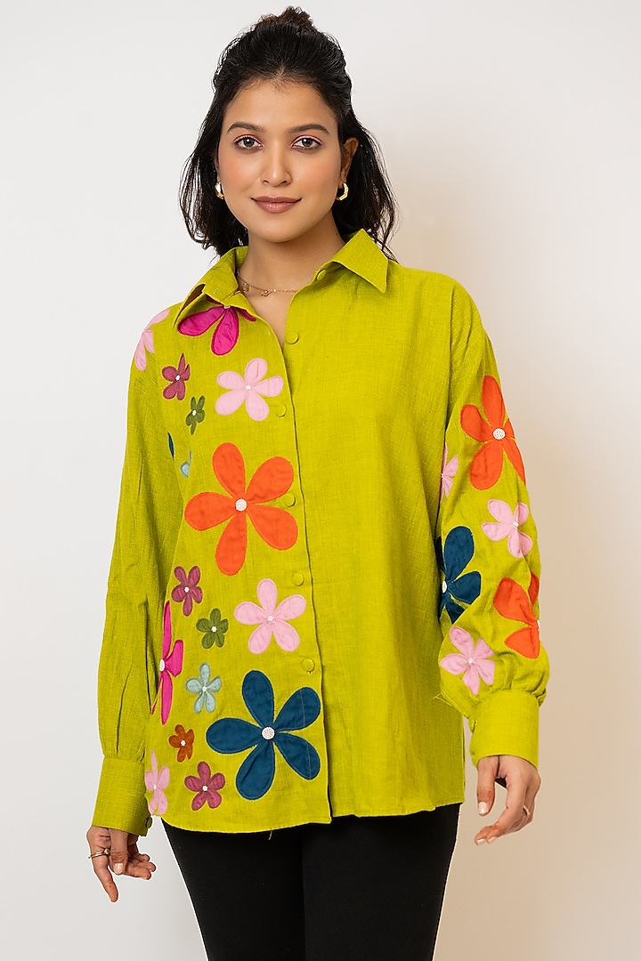 Black Handloom Cotton Applique Embroidered Shirt by Jilmil