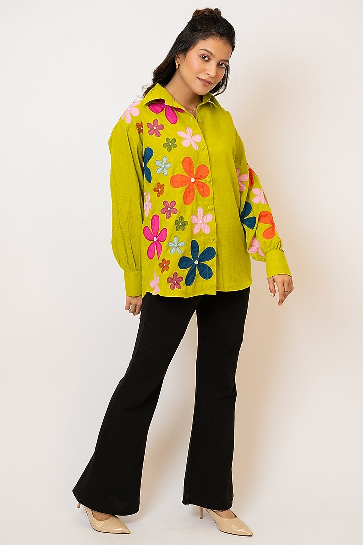 Black Handloom Cotton Applique Embroidered Shirt by Jilmil at Pernia's Pop Up Shop