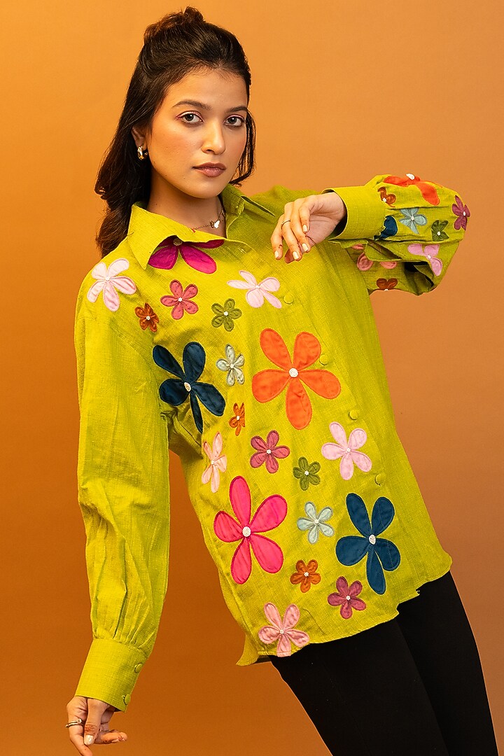 Black Handloom Cotton Applique Embroidered Shirt by Jilmil at Pernia's Pop Up Shop