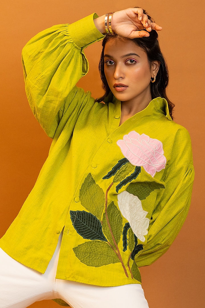 Green Handloom Cotton Applique Embroidered Shirt by Jilmil