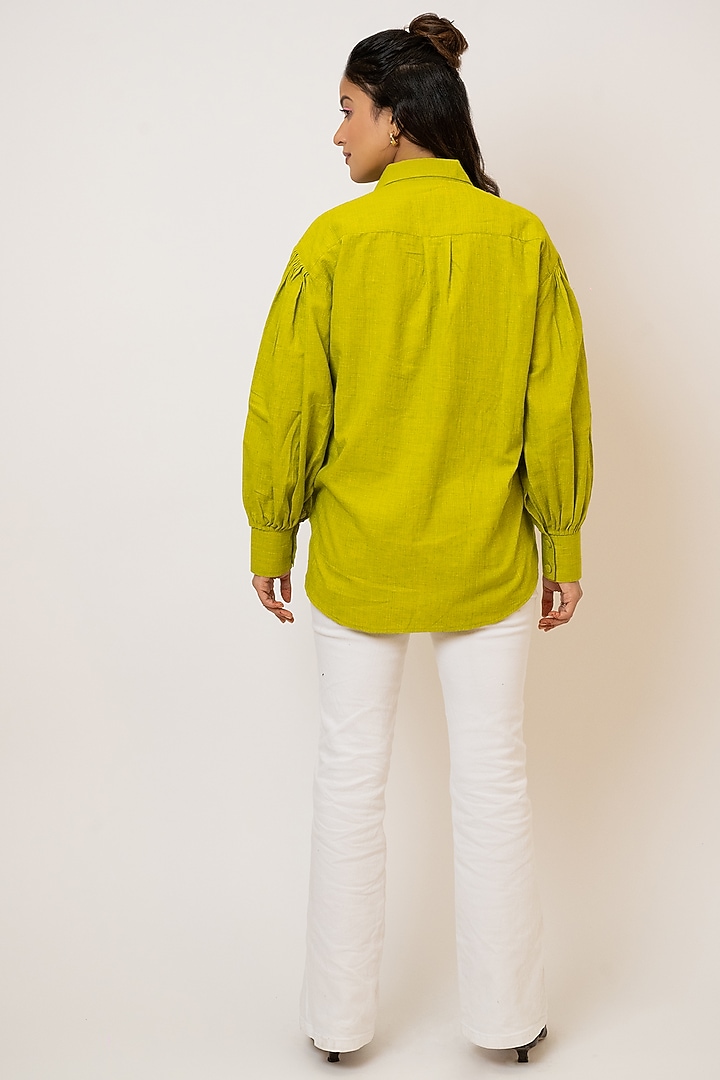 Green Handloom Cotton Applique Embroidered Shirt by Jilmil at Pernia's Pop Up Shop