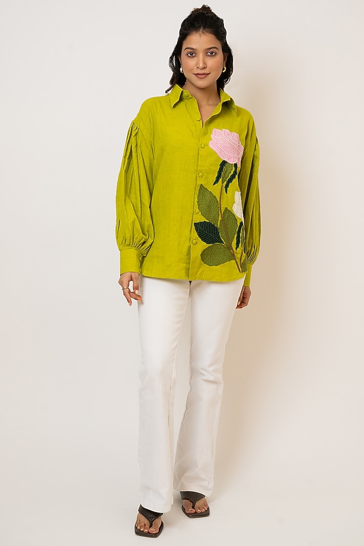 Green Handloom Cotton Applique Embroidered Shirt by Jilmil at Pernia's Pop Up Shop